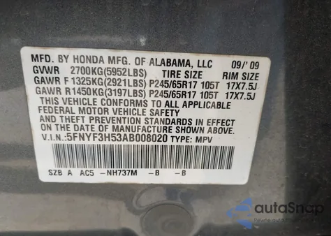 2010 Honda Pilot Ex-L z USA, uszkodzony, nr VIN 5FNYF3H53AB008020